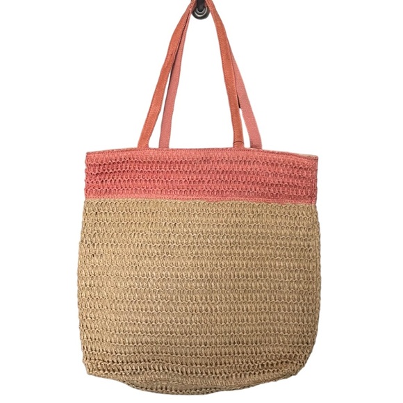 NEW Sonoma Goods for Life Straw Shopper Tote Beach Bag Natural Salmon Peach - Picture 2 of 8